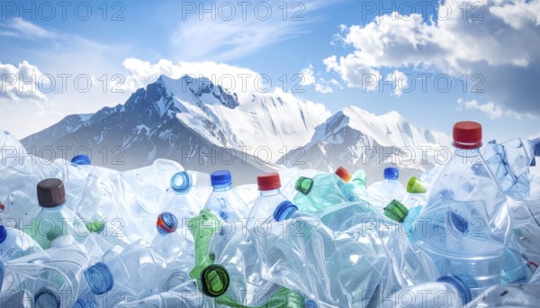 Crushed plastic water bottle waste in a wild landscape, symbol for nature protection, waste