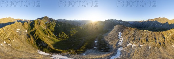 Sunrise 360° Alpine panorama, aerial view of Bachlenkenkopf, summit of the Großvenediger, Venediger