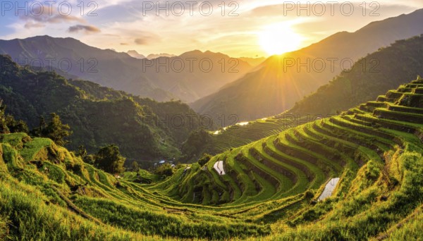 Early morning light bathes Philippines rice terraces cascading down mountain slopes, beautiful