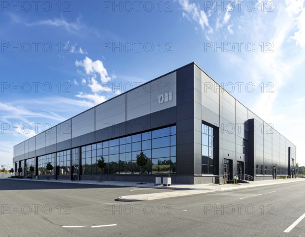 Modern supermarket building exterior against blue sky, Inviting white facade, some clouds, concept