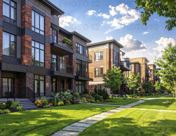 Modern apartment building with balconies and well-kept landscaping at sunset, Modern multifamily