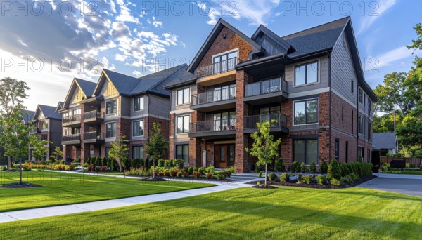 Modern apartment building with balconies and well-kept landscaping at sunset, Modern multifamily