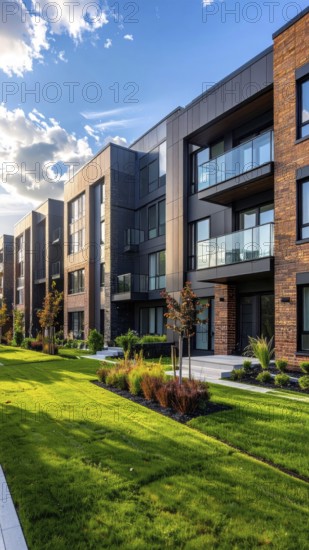 Modern apartment building with balconies and well-kept landscaping at sunset, Modern multifamily