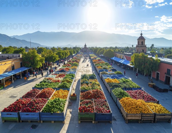 Traditional Mexican plaza with crates of peppers, onions, and tomatoes, economic prosperity in