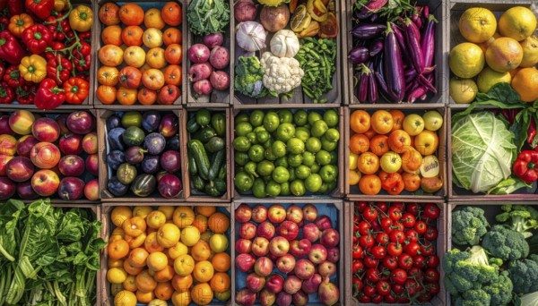 Fresh fruits and vegetables in a market display, aerial view perpendicular top down, healthy eating