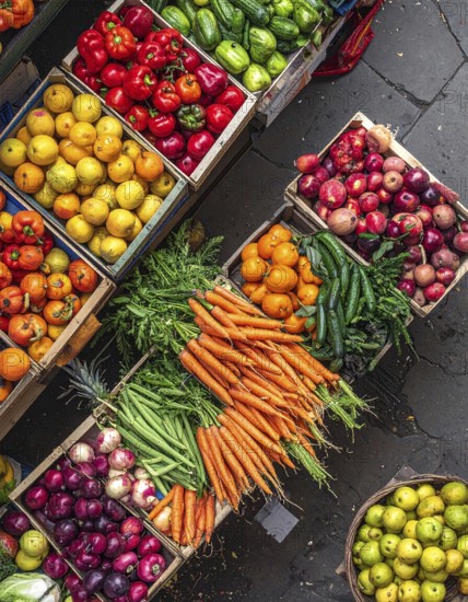 Fresh fruits and vegetables in a market display, aerial view perpendicular top down, healthy eating