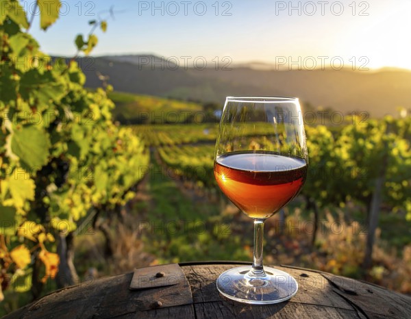 A glass of 10-year-old tawny wine placed on a barrel in a vineyard restaurant, vineyard landscape