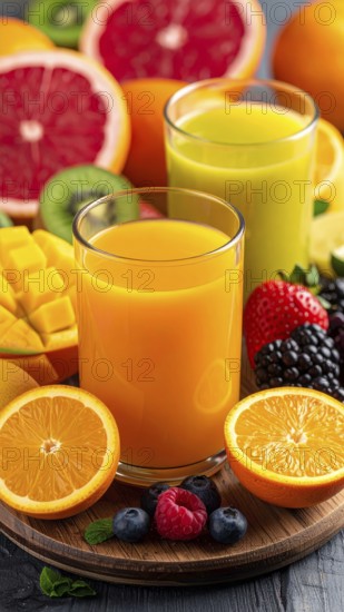 Fresh fruit juices in glasses, surrounded by colorful fruits, showcasing healthy drinking and