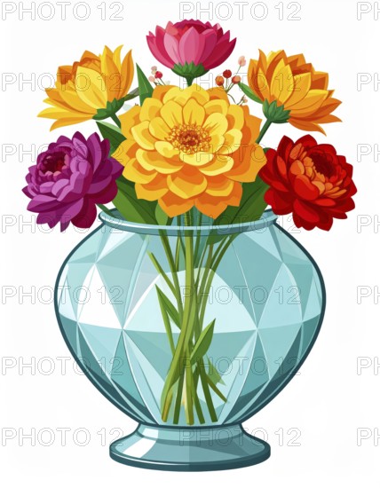 Crystal glass vase with vibrant blooming flowers, vibrant vector drawing illustration for fresh