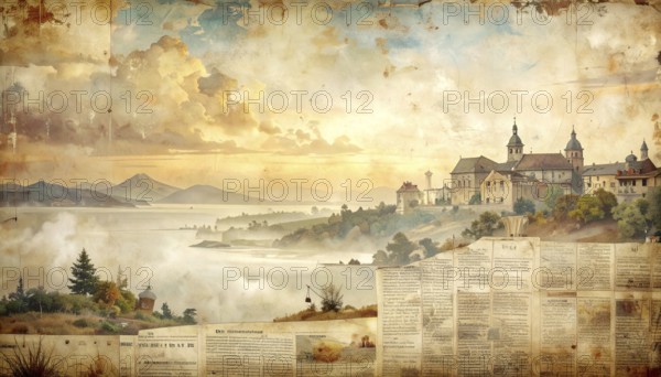 Grunge old public newspaper, texture background wallpaper illustration, vintage tattered yellow