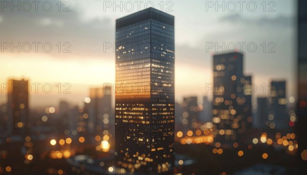Modern building reflecting sunset light at dusk. Abstract Futuristic Business Background, AI