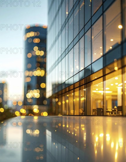 Modern building reflecting sunset light at dusk. Abstract Futuristic Business Background, AI