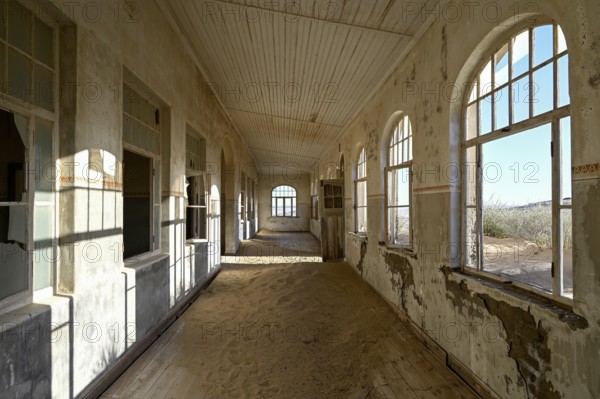 Former dwelling house full of sand, Kolmanskop, restricted diamond area, Karas region, Namibia