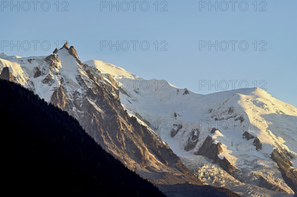 From left snow-covered Aiguille du Midi, Mont-Blanc, Vallot Hut, Chamonix-Mont-Blanc, Haute-Savoie,