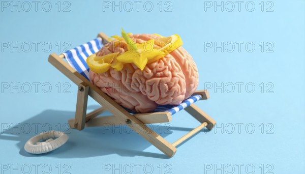 Brain relaxes on a sunbed under the summer sun, placed on a flat surface, symbol for mental health,