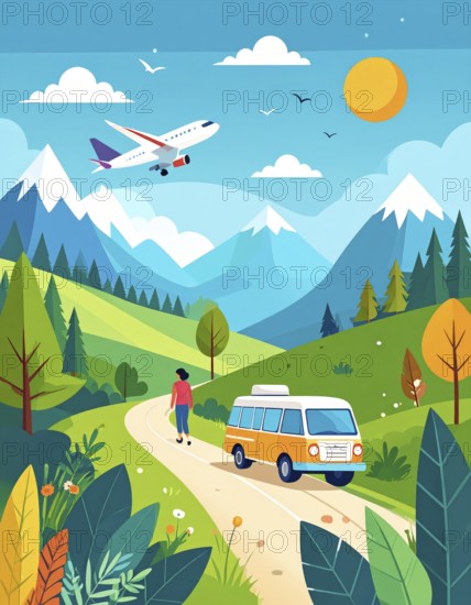 Traveling and hiking in mountain landscape, abstract vector illustration, AI generated image