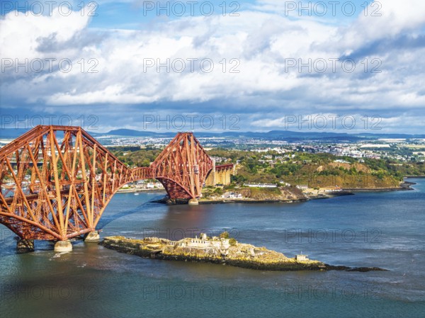 Inch Garvie Castle from a drone, Forth Bridge, Queensferry Crossing, Forth Estuary, Scotland,
