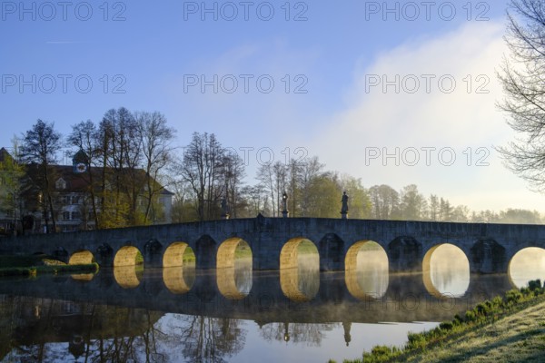 Morning atmosphere, fog at Fischhof, with historic Fischhof bridge, Tirschenreuth, Upper