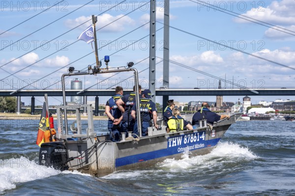 Multi-purpose boat of the THW during a training trip on the Rhine near Düsseldorf, the specialist