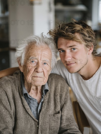 A young carer lovingly looks after a senior in an old people's home, nursing home, symbolic image