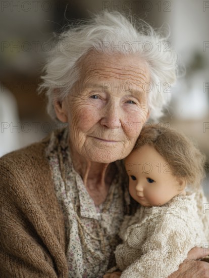An elderly woman lovingly holds a doll in her arms, which radiates an emotional connection and