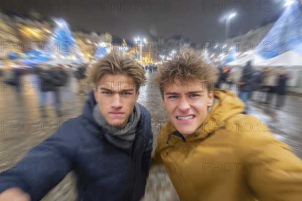 Two men in fighting pose on a rainy street at night, surrounded by lights, symbolic image for