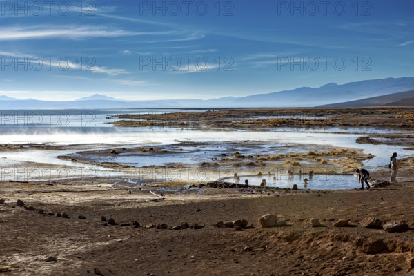 Landscape with hot springs and people, surrounded by beautiful nature, The thermal springs of
