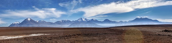 Long mountain range under a clear, cloudy sky in a vast landscape, The landscape with the volcanoes