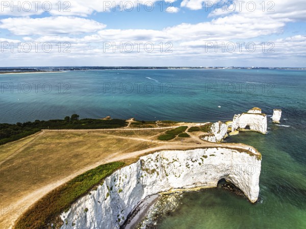 White Cliffs of Old Harry Rocks Jurassic Coast from a drone, Handfast Point, Dorset Coast, Poole,