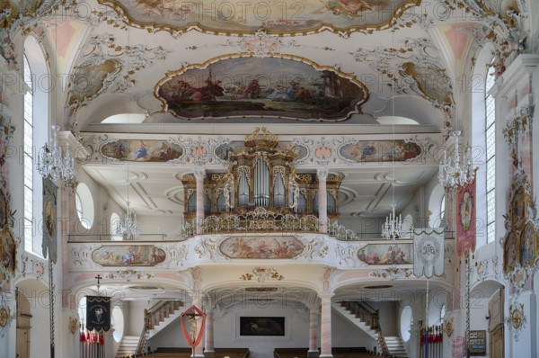 Interior photo, organ, organ loft, Catholic parish church of St Ulrich, Rococo, Seeg, Ostallgäu,