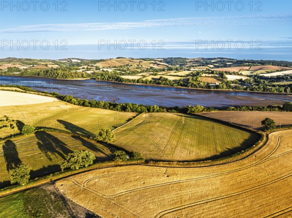 Farms and Fields over River Teign and Teignmouth Road from drone, Newton Abbot, Devon, England,