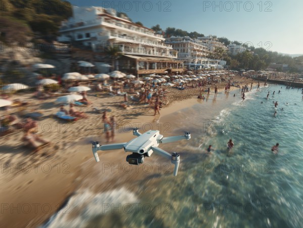 Ein Fernpilot steuert sein Quadrocopter, Drohne über einen dicht besetzten Badestrand, um illegale