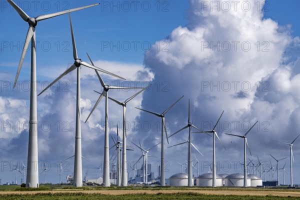 Wind farms Westereems and Growind, in the north of the Netherlands, near Eemshaven, energy centre,