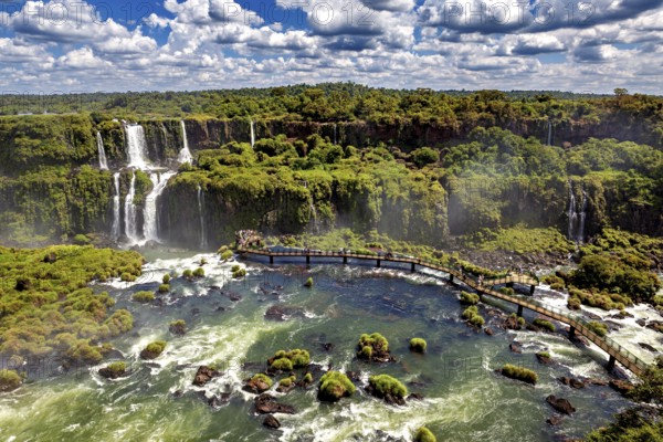 Expansive aerial view over river landscape with waterfalls and dense forest, The Iguazu Falls