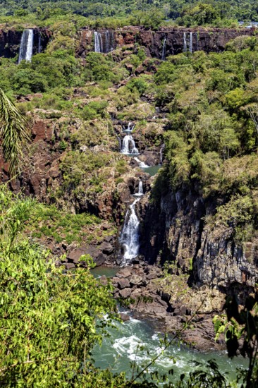 A narrow waterfall meanders through rocky terrain, surrounded by dense vegetation, The Iguazu Falls