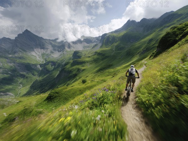 A single mountain biker quickly rides a trail in the high mountains, motion blur, AI generated, AI