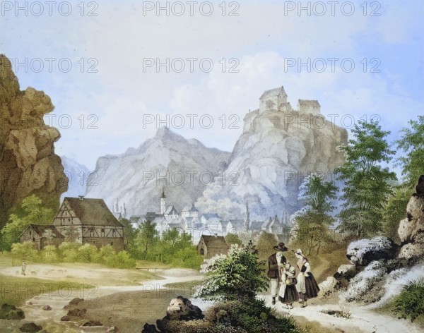 Castle and town of Pottenstein, climatic health resort, Franconian Switzerland, around 1850,