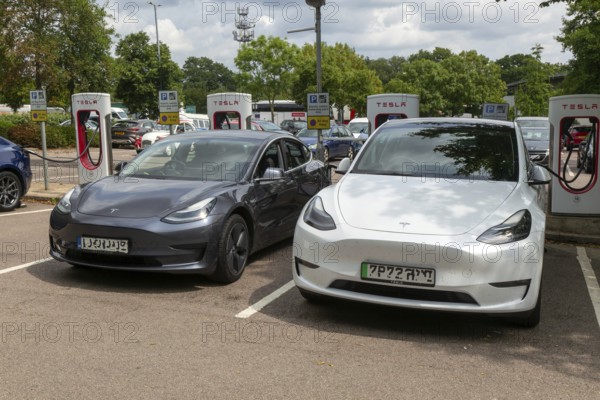 Charging point facility for Tesla electric vehicles at service station, M25 South Mimms services,