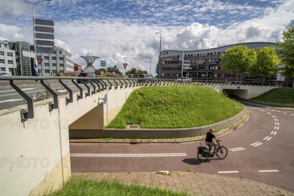 Roundabout in the Dutch city of Houten, the lanes for cars and bicycles are separated, the cycle