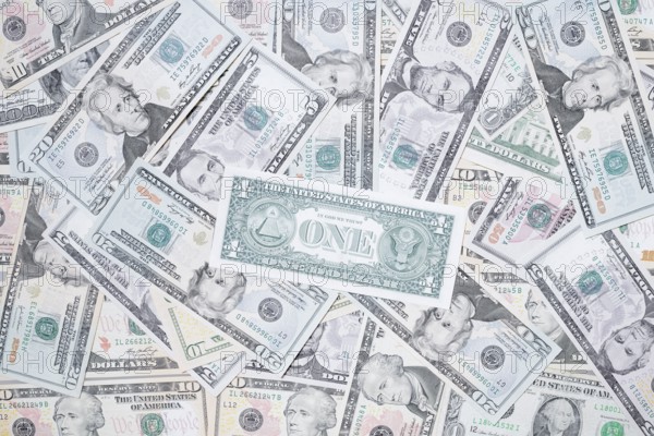 Various US dollar notes in a pile, banknotes