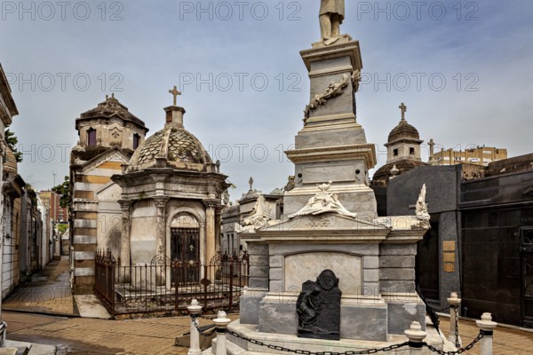 Richly decorated mausoleums and statues in a historic cemetery, La Recoleta Cemetery in Buenos