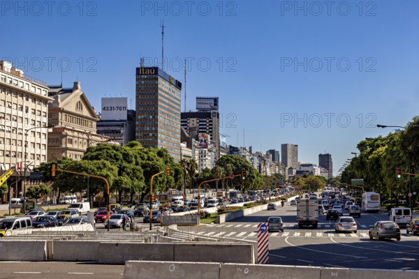 Cityscape with skyscrapers and heavy traffic under a clear sky, The skyline of the city of Buenos
