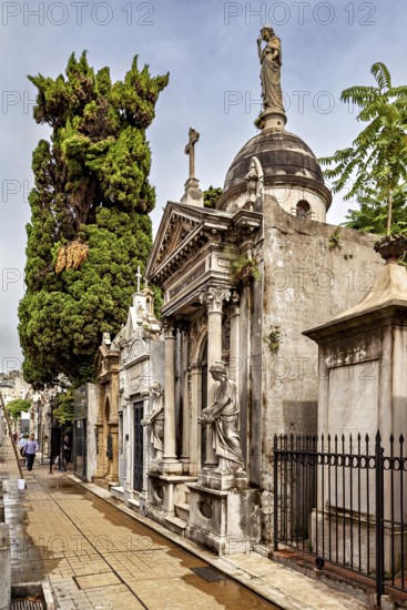 Magnificent burial site with trees and statues along a path, La Recoleta cemetery in Buenos Aires