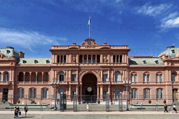 Frontal view of a large historic building with blue sky, famous Argentine landmark, The
