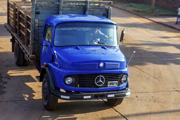 Blue Mercedes-Benz lorry on a sunny road, transporting wood, vintage style, An old Mercedes lorry