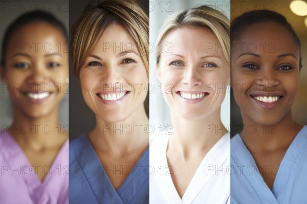 Collage of hospital nurses and medical professionals smiling. Concept of hospitality and excellent
