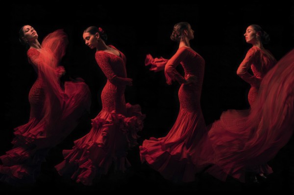 Collage of flamenco dancers. Passionate spanish music, AI generated
