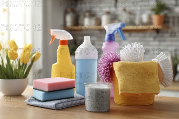 Cleaning set with products and tools on kitchen table, AI generated