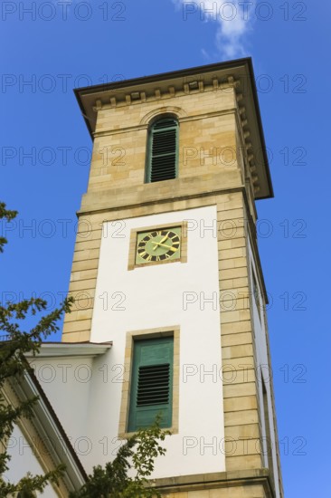 Protestant church, church, sacred building, church square, church tower, clock, Gomaringen,