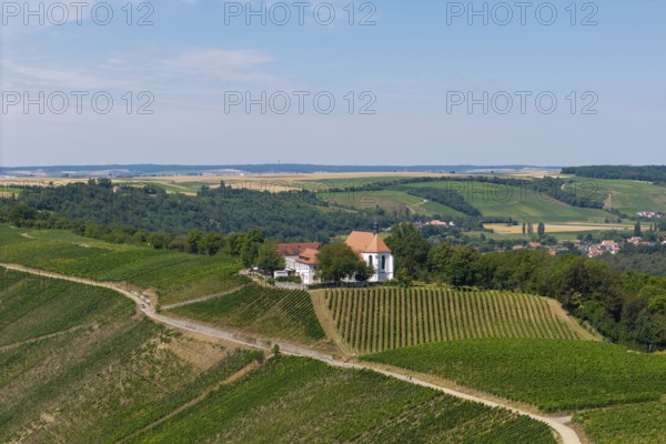 Vogelsburg near Volkach with monastery church of the Protection of the Virgin Mary, aerial view,